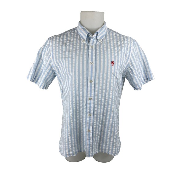 Brooks Brothers Men Large Button Front Shirt Red Fleece Blue White Stripe Casual - Picture 1 of 9